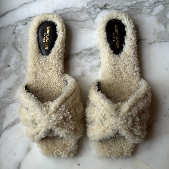 Brand new Saint Laurent ivory shearling tribute slides - Picture 1 of 5